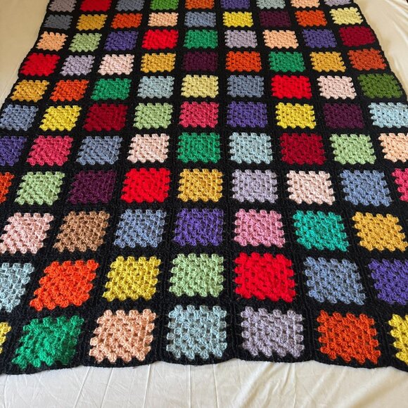 Handmade Multicolor Crochet Granny Square Blanket Throw 56" X 69" Black Border - Picture 14 of 14